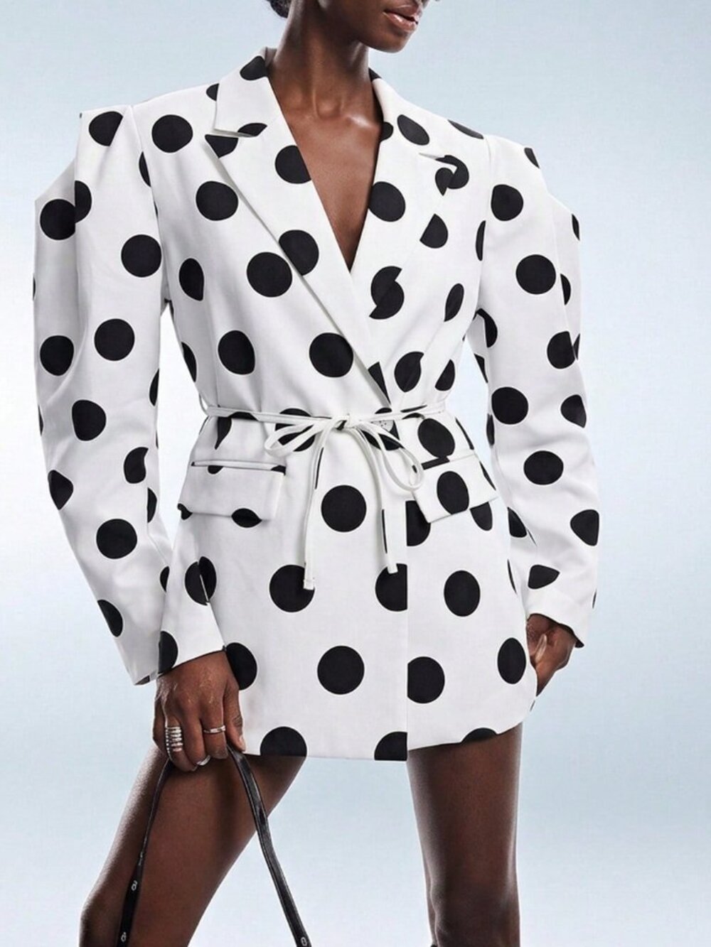 Black White Elegant Women's Polka Dot Oversized Structured Cinched Waist Blazer - Picture 6 of 8